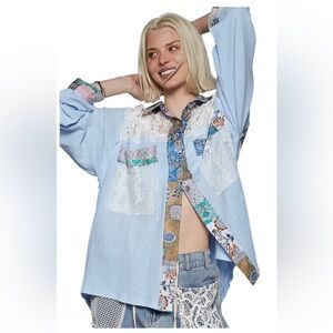 POL Cotton Blue with Lace Patchwork button down Shirt